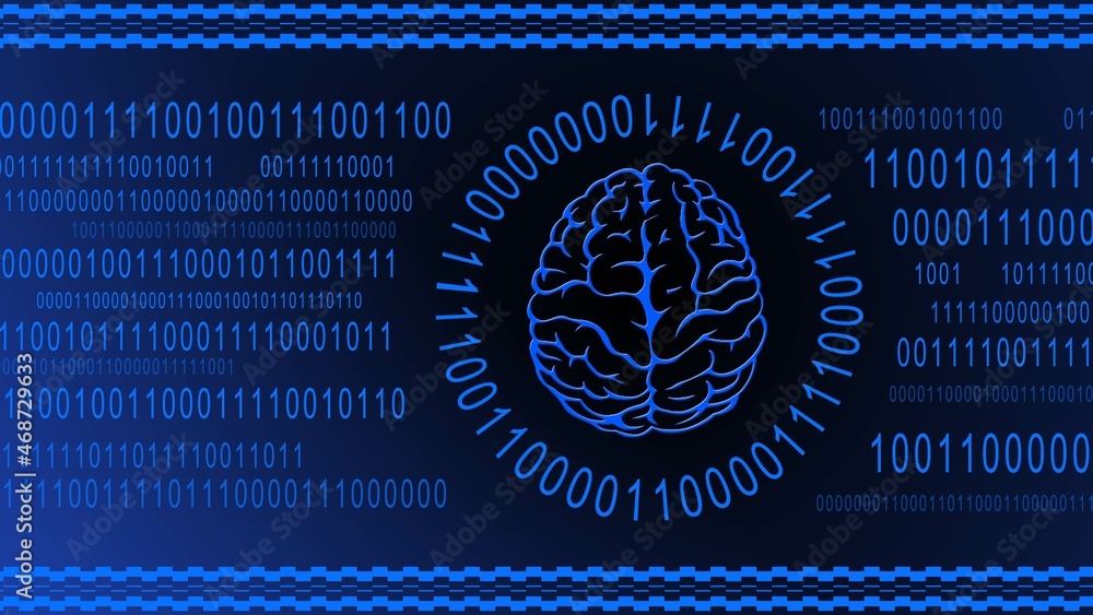 Poster brain symbol centered in a ring of binary code on blue digital background - symbolic of ai artificia