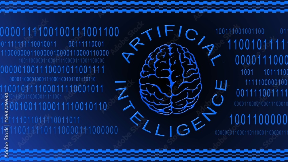  brain symbol centered in artificial intelligence lettering on blue binary code background - symbolic