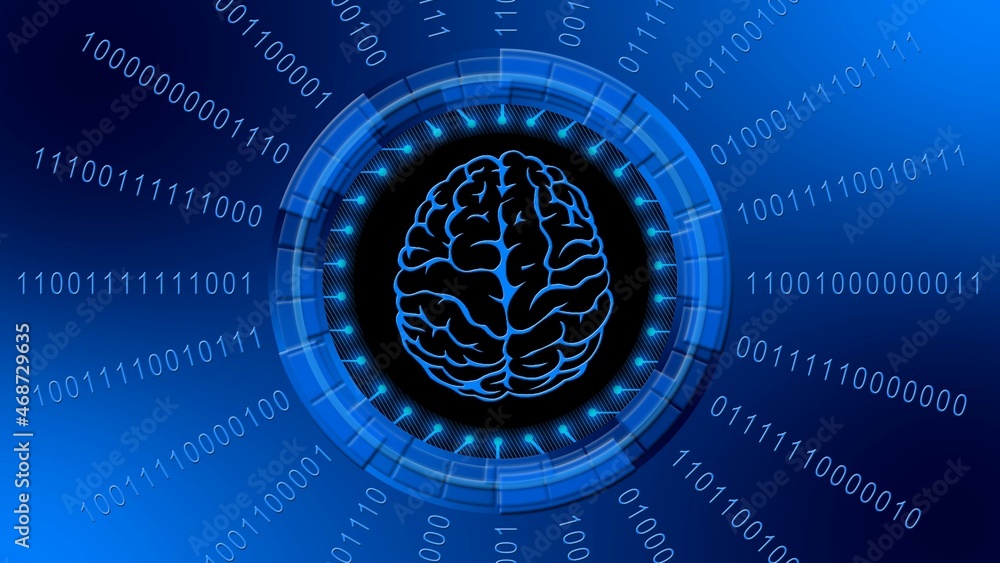 Poster brain symbol centered in rays of binary code around hud elements in blue design - symbolic of ai art