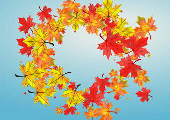 Fototapeta premium Ocher Plant Background Blue Vector. Floral November Design. Colorful Season Leaves. Decoration Leaf Card.