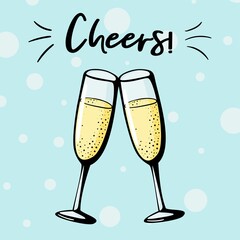 Cheers vector illustration of two champagne glasses couple in a doodle style. Love drink wineglasses sparkling wine on blue background. Valentines day greeting card, anniversary celebration
