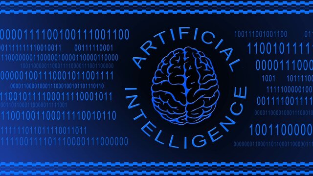 Brain symbol centered in artificial intelligence lettering on blue binary code background - symbolic of AI artificial intelligence - 3D illustration
