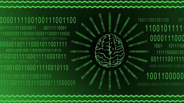 Brain symbol centered in rays of binary code on green digital background - symbolic of AI artificial intelligence - 3D illustration