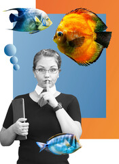 Contemporary art collage. Stylish girl in glasses and tie with a folder in hand against a background of gradient abstract shapes and floating fish, the girl shows everyone to be quieter