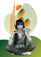 Contemporary art collage. Girl sitting in headphones and sunglasses, listening to music, abstract gradient figures in the background