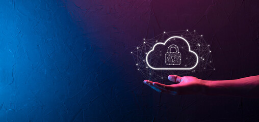 Business man hold,holding cloud computing data and security on global networking,Padlock and cloud...