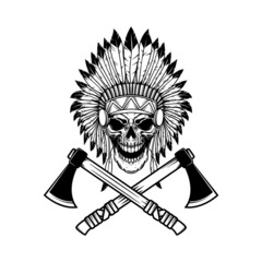 Native american skull in traditional headdress and crossed tomahawks. Design element for logo, emblem, sign, poster, t shirt. Vector illustration