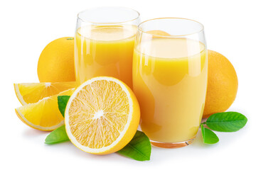 Yellow orange fruits and two glasses of fresh orange juice isolated on white background. - obrazy, fototapety, plakaty