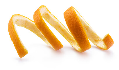 Orange peel or orange twist on white background. Close-up.