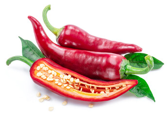 Fresh red chilli pepper and cross sections of chilli pepper with seeds isolated on white background.