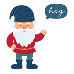 A little gnome with a beard and a blue striped hat waves his hand. A postcard with a small dwarf and the inscription Hey. Cute cartoon old man, a character on a white background.