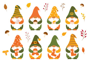 A set of small autumn dwarfs in caps, who hold mushrooms, twigs, berries and the letters FALL in their hands. Cute little forest gnomes, cartoon characters. Color vector illustration in a flat style.