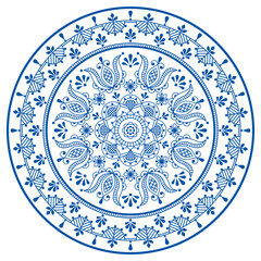 Scandinavian floral mandala vector embroidery folk art style - Nordic outline round pattern with flowers and leaves in blue on white
