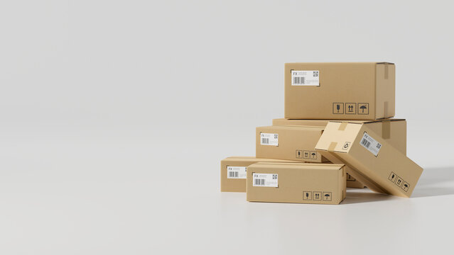 Cardboard boxes with fragile tags in white background with copy space