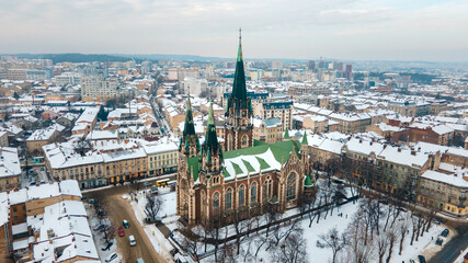 Fototapeta premium aerial view of Elzhbeta Church in lviv city