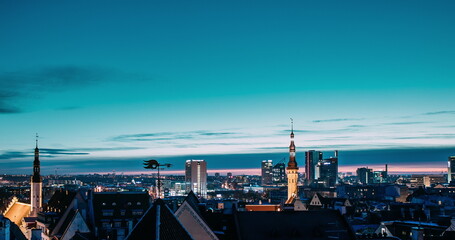 Tallinn, Estonia, Europe. Time Lapse Time-lapse From Night To Day, Of Cityscape. Transition From Night To Morning Sunrise. Old Town And Modern City. Popular Place With Famous Landmarks. UNESCO. Set.