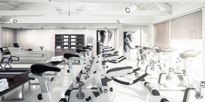 Stationary Bikes Inside a Gym - panoramic black and white 3d Visualization