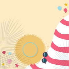 Beach towel, hat and glasses on the sand. Top view. Vector illustration.