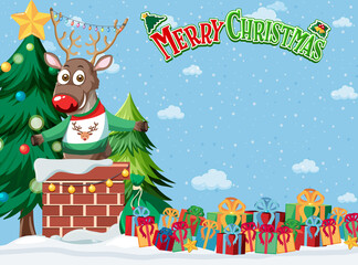 Merry Christmas background template with rudolph reindeer