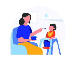 Mom feeds the little baby, cartoon vector illustration isolated on white background. Healthy nutrition for babies.