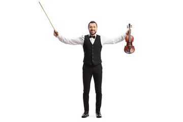 Full length portrait of a violinist ending a concert