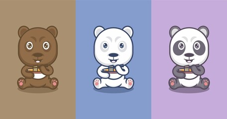 polar bear and cute cartoon panda eating ramen noodles. vector illustration for mascot logo or sticker