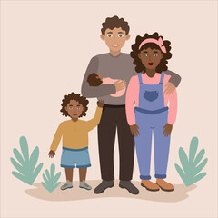 Couple with children. Interracial family. Happy family together. An African-American woman and a white man embrace a baby in their arms and a grown-up son. Vector illustration in cartoon flat style