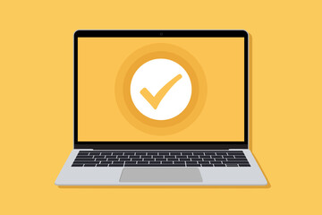 Laptop with checkmark in a flat design. Vector illustration