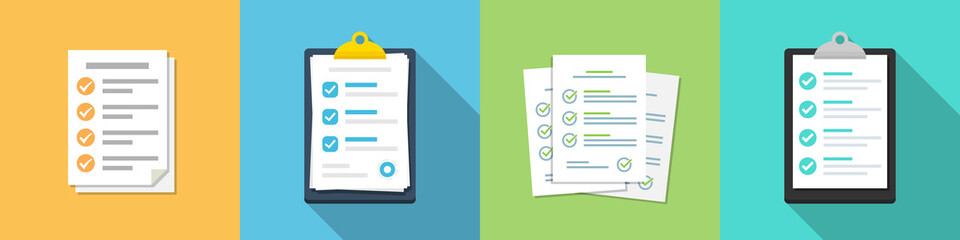 Set of checklist document icons in a flat design. Audit document collection - obrazy, fototapety, plakaty