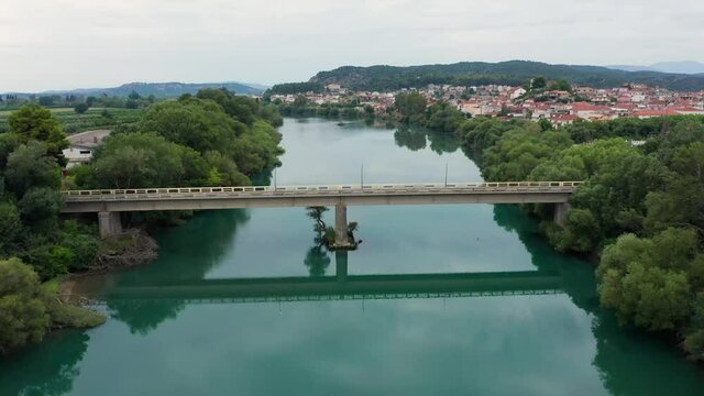 Aerial view of small bridge over Acheloos river in Greece