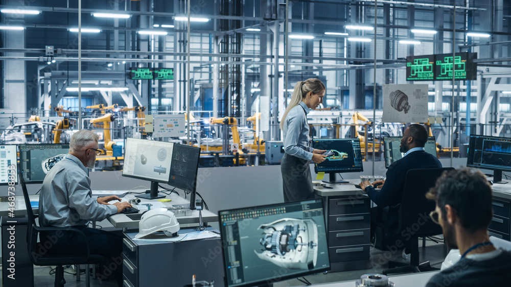 Poster Car Factory: Team of Automotive Engineers Working, Using Computers to Design Advanced 3D Models for High-Tech Engines. Automated Robot Arm Industrial Assembly Line Manufacturing Electric Vehicles