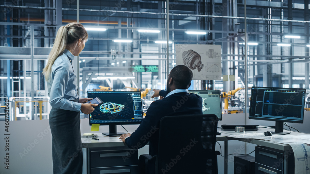 Poster car factory: female supervisor talks with male automotive engineer, using computer to design advance