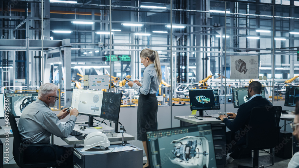 Leinwandbilder car factory office: team of automotive engineers working, using computers to design advanced 3d mode