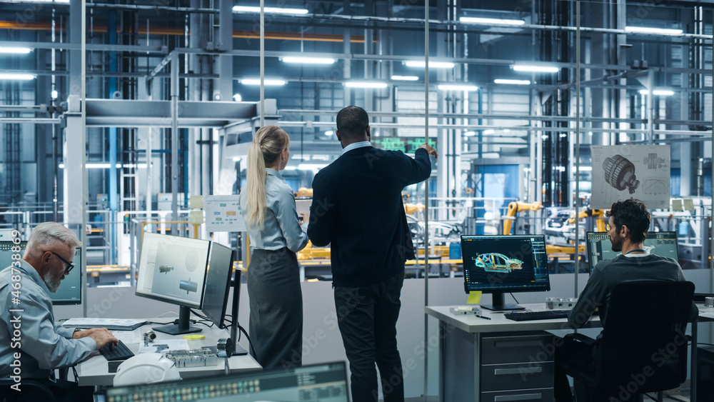 Poster Car Factory Office: Team of Automotive Engineers Working, Talk, Use Tablet Computers to Design Advanced 3D Models for High-Tech Engines. Automated Robot Arm Assembly Line Manufacturing Vehicles