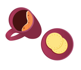 Top view illustration of a coffee mug and cookies on a saucer isolated on white background. Vector illustration in flat style.