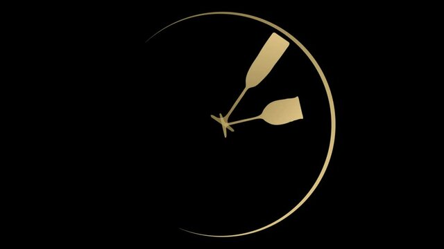 Time to drink. A plate with a clock. Golden plate with wine glasses as a watch hand.