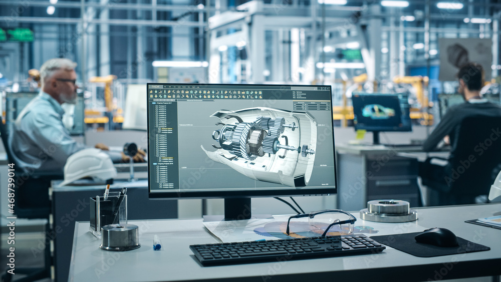 Poster Car Factory Office: On the Desk Computer with Turbine Prototype, Design Advanced 3D Model for High-Tech Green Energy Electric Engine. Automated Robot Arm Assembly Line Manufacturing Facility