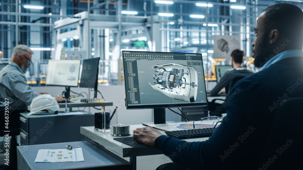 Aufkleber Car Factory Office: Engineer Working on Turbine Prototype on Computer, Design Advanced 3D Model for High-Tech Green Energy Electric Engine. Diverse Team Work in Automated Manufacturing Facility