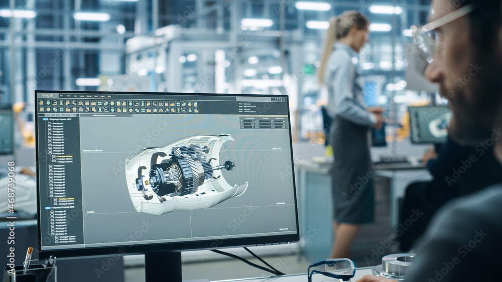 Aufkleber Car Factory Office: Engineer Working on Turbine Prototype on Computer, Design Advanced 3D Model for High-Tech Green Energy Electric Engine. Automated Robot Arm Assembly Line Manufacturing Facility