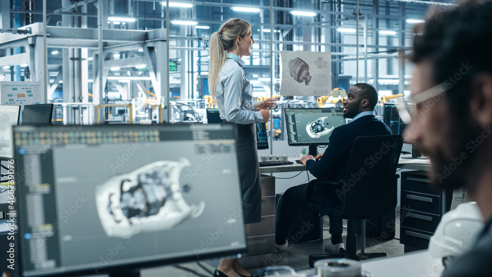 Poster Car Factory Office: Engineer Working on Turbine Prototype on Computer, Design Advanced 3D Model for High-Tech Green Energy Electric Engine. Diverse Team Work in Automated Manufacturing Facility