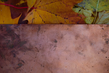 Grunge copper surface. Autumn maple leaves on a copper background. Copy space.