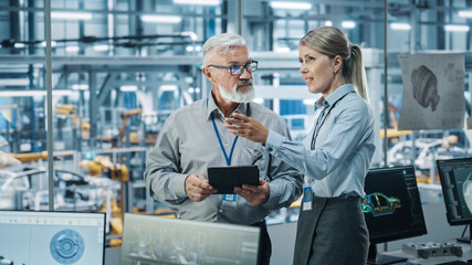 Car Factory: Female Project Manager Talks to Male Automotive Engineer, Plan Strategy Using Tablet...