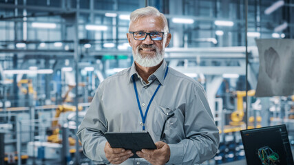 Car Factory Office: Portrait of Senior White Male Chief Engineer Using Tablet Computer in Automated Robot Arm Assembly Line Manufacturing High-Tech Electric Vehicles. Looking at Camera and Smiling - obrazy, fototapety, plakaty