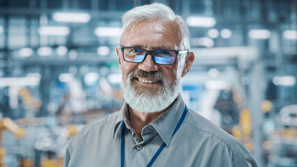 Car Factory Office: Portrait of Senior White Male Chief Engineer Looking at Camera and Smiling. Professional Technician in Automated Robot Arm Assembly Line Manufacturing in High-Tech Facility