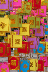 Fototapeta na wymiar Colorful traditional paper lanterns for Loi Krathong aka Yi Peng annual festival decorating the city of Chiang Mai, Thailand
