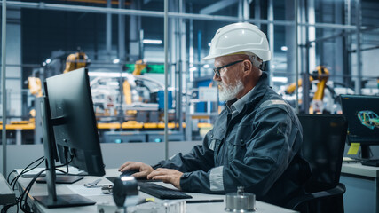 Car Factory Office: Portrait of Male Engineer Wearing Safety Hard Hat Working on Computer. Techniciancian Constructing Component. Automated Robot Arm Assembly Line Manufacturing Electric Vehicles