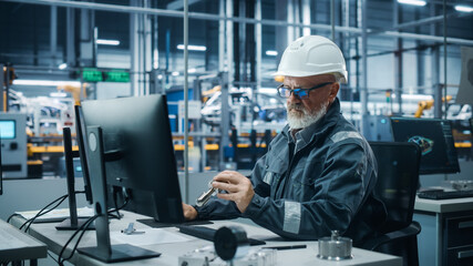 Car Factory Office: Portrait of Male Engineer Wearing Safety Hard Hat Working on Computer. Techniciancian Constructing Component. Automated Robot Arm Assembly Line Manufacturing Electric Vehicles