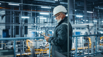 Car Factory: Male Automotive Engineer Wearing Hard Hat, Standing Using Tablet Computer. Monitoring, Control, Equipment Production. Automated Robot Arm Assembly Line Manufacturing Electric Vehicles