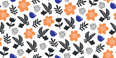 Vector seamless pattern with flying keys, spring flowers, wings and polka dots on white. Minimalistic romantic textile design