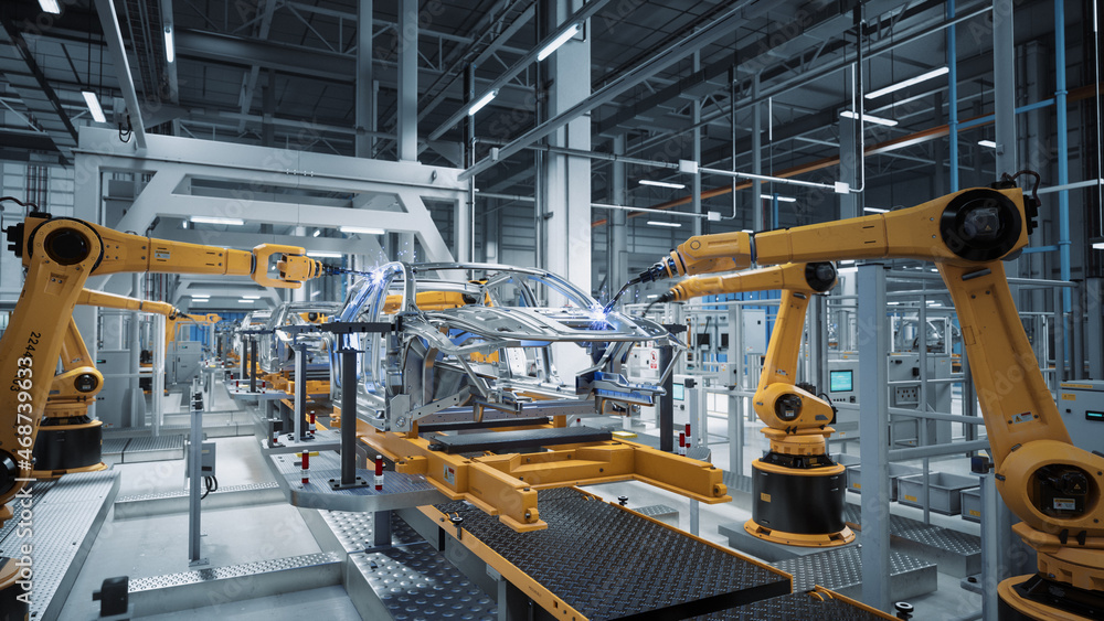 Poster car factory 3d concept: automated robot arm assembly line manufacturing high-tech green energy elect